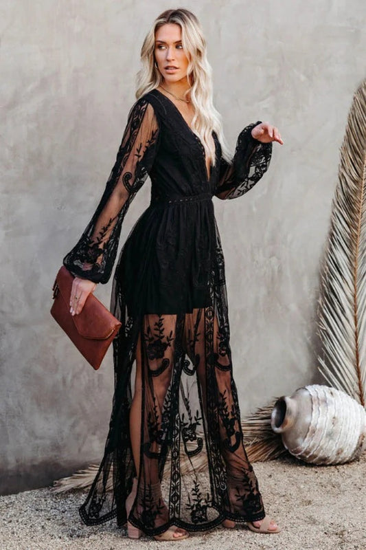 Lace Maxi Dress - Boho Style, Deep V Neck, High Slit