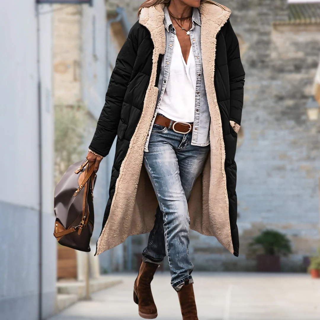 Long Quilted Coat with Faux Shearling Lining