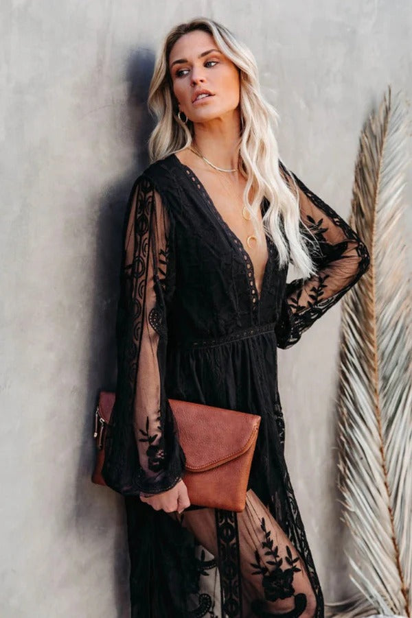 Lace Maxi Dress - Boho Style, Deep V Neck, High Slit