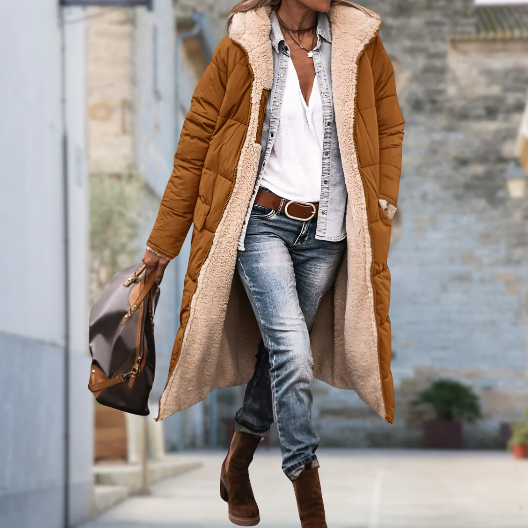 Long Quilted Coat with Faux Shearling Lining
