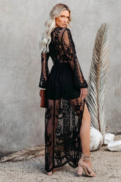 Lace Maxi Dress - Boho Style, Deep V Neck, High Slit