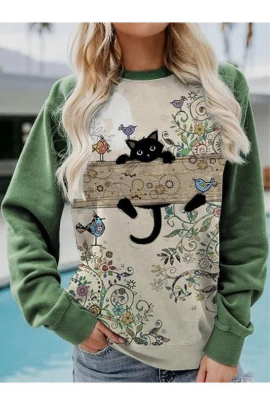 Fall Cat Print Sweatshirt