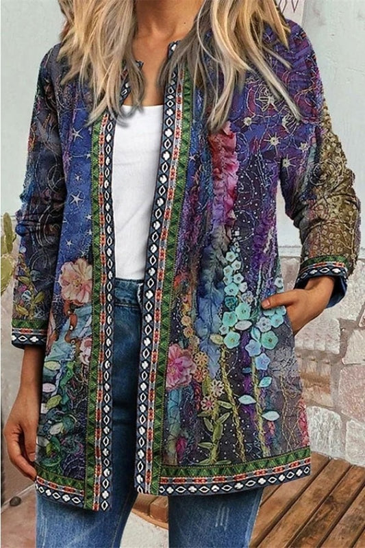 Fall Floral Patchwork Open-Front Jacket