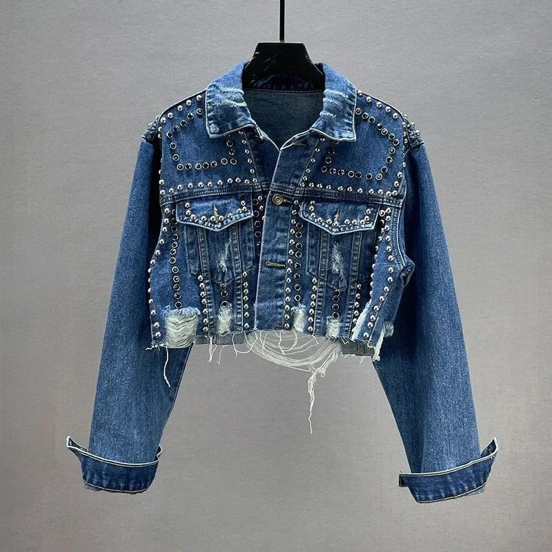 Fall Studded Cropped Denim Jacket