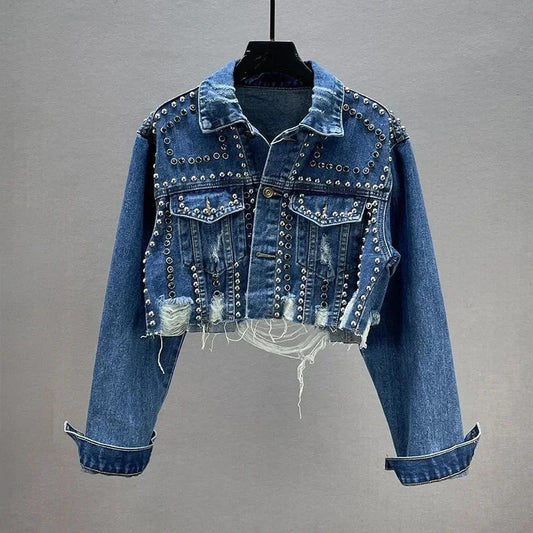 Fall Studded Cropped Denim Jacket