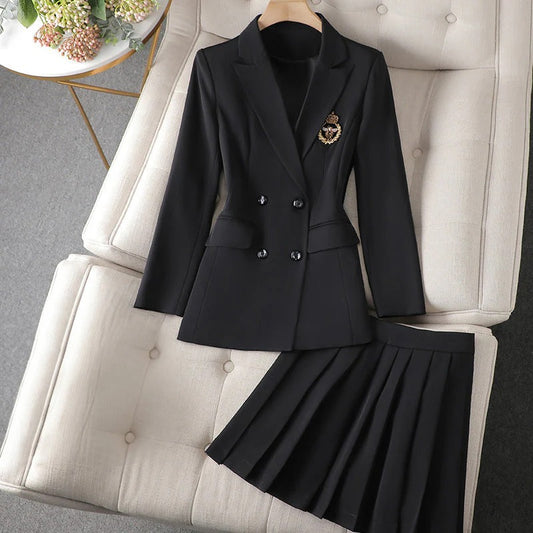 Double-Breasted Blazer & Pleated Skirt Set