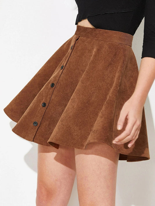 Brown Corduroy A-Line Skirt - Button Front, Retro Style