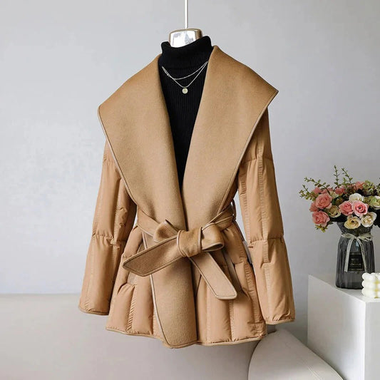 Fall Shawl-Collar Belted Down Coat