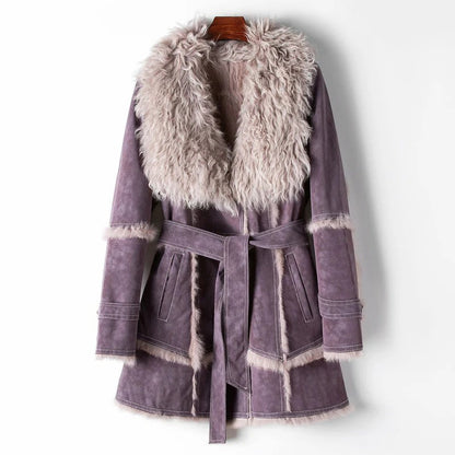 Fall Shearling Trim Belted Coat