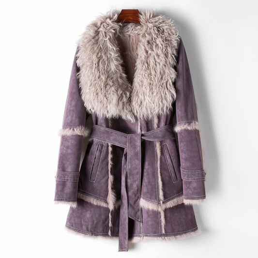 Fall Shearling Trim Belted Coat