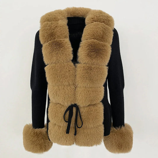 Fall Contrast Fur-Trim Cardigan