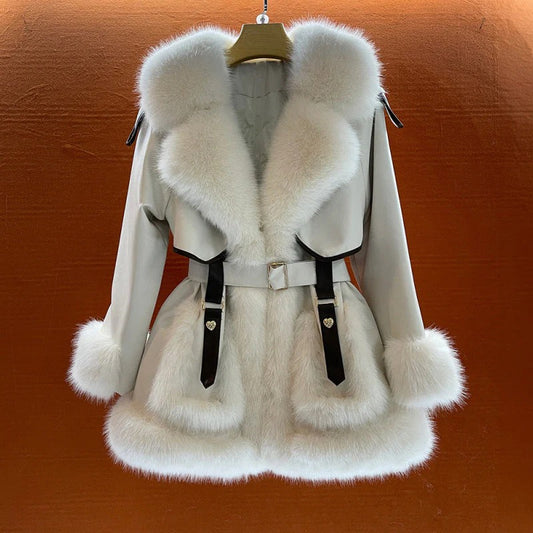 Fall Belted Coat with Fur Trim