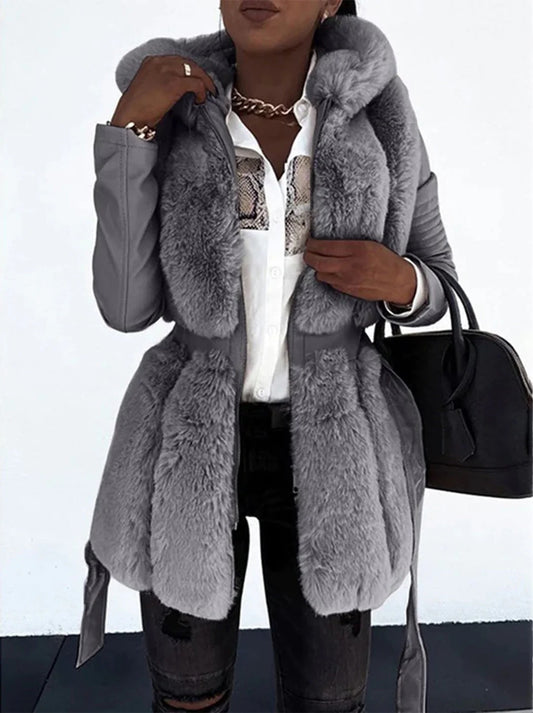 Belted Coat with Faux Fur Front Panel