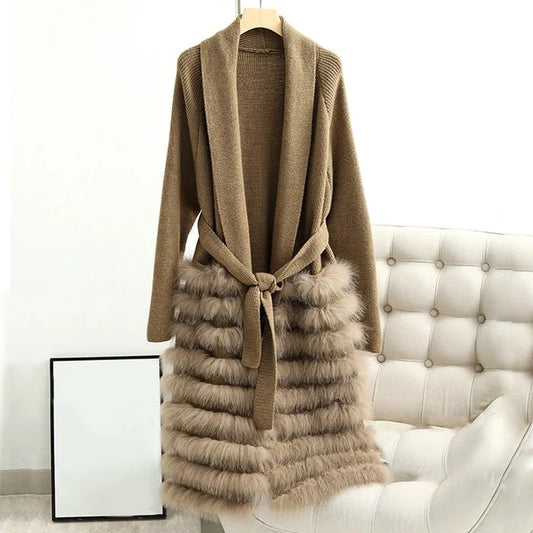 Fall Belted Knit Cardigan with Fur Hem