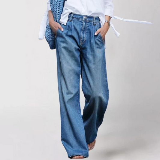 Pleated Wide-Leg Denim Pants