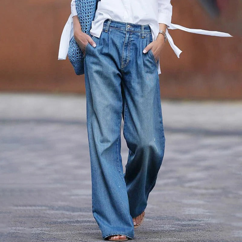 Pleated Wide-Leg Denim Pants