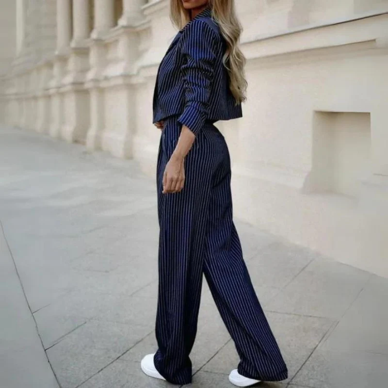 Pinstripe Cropped Blazer & Wide-Leg Pants Set