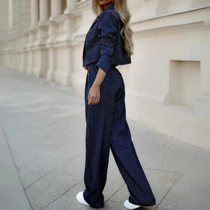Pinstripe Cropped Blazer & Wide-Leg Pants Set