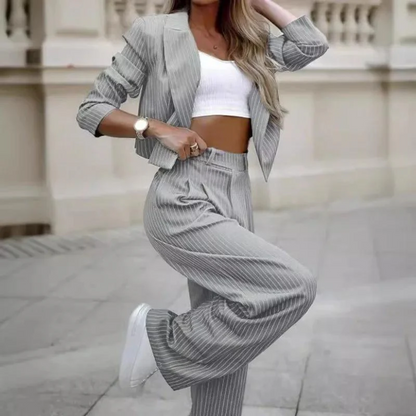 Pinstripe Cropped Blazer & Wide-Leg Pants Set