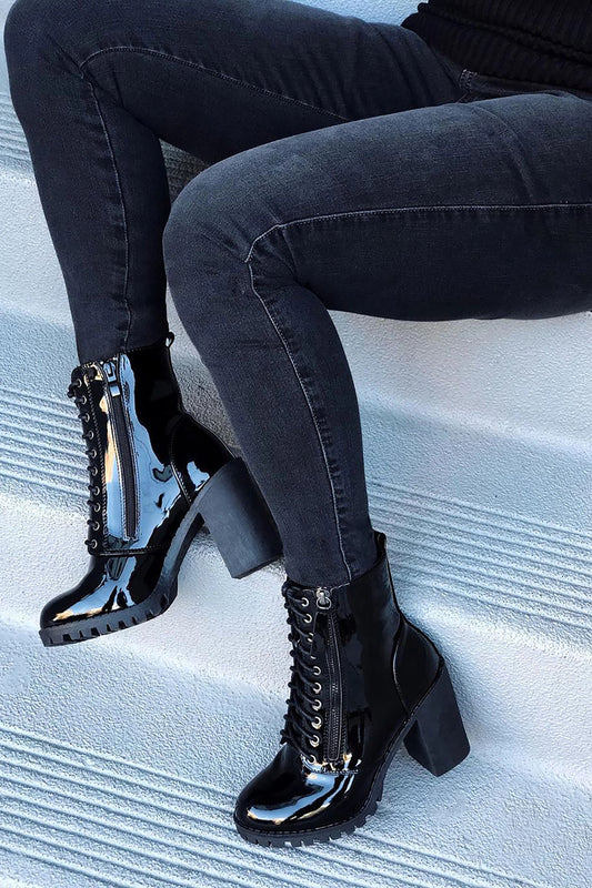 Fall Patent Lace-Up Block Boots
