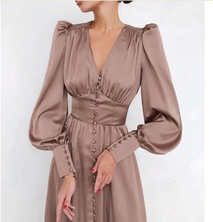 Buttoned Midi Dress with Puff Sleeves