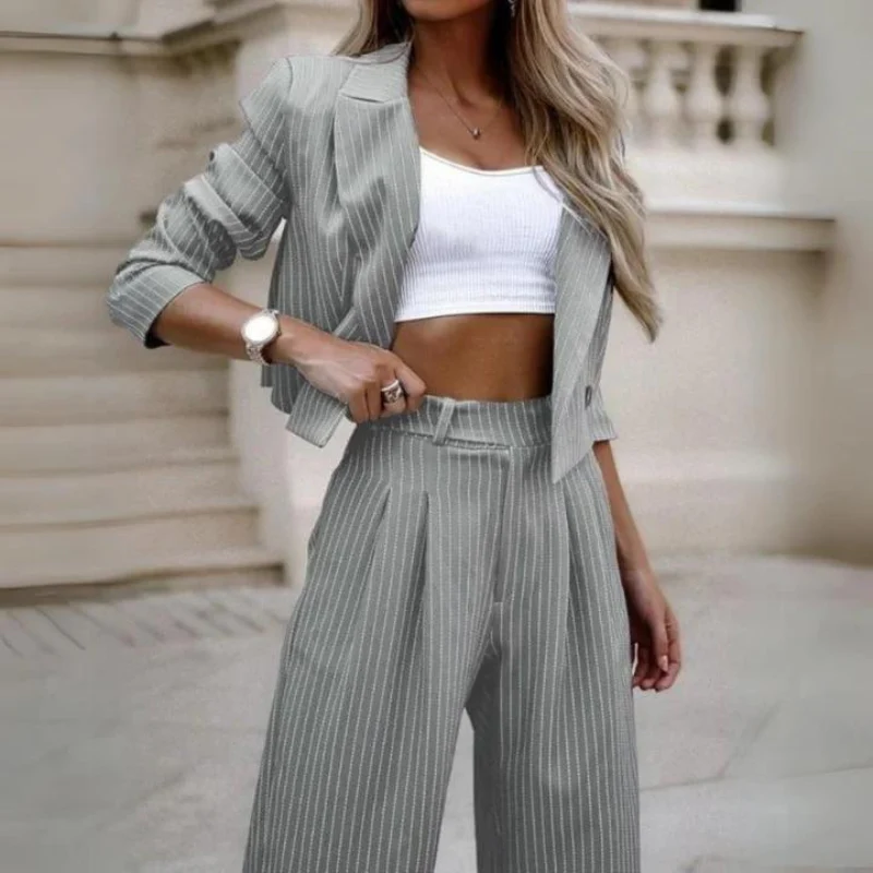 Pinstripe Cropped Blazer & Wide-Leg Pants Set