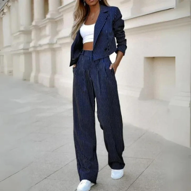 Pinstripe Cropped Blazer & Wide-Leg Pants Set