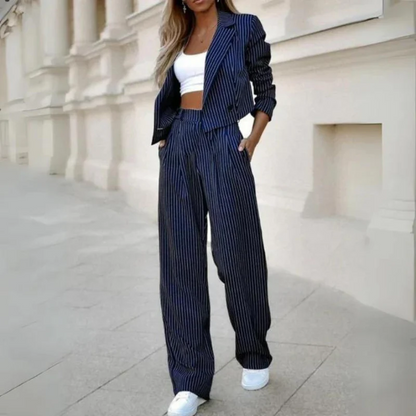 Pinstripe Cropped Blazer & Wide-Leg Pants Set