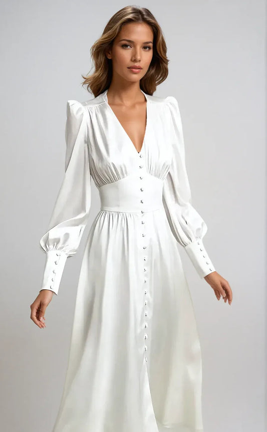 Buttoned Midi Dress with Puff Sleeves