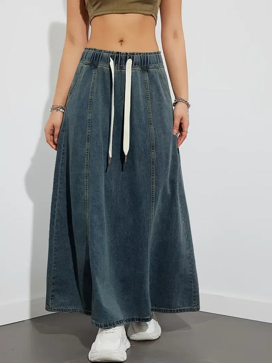 Drawstring Denim Maxi Skirt