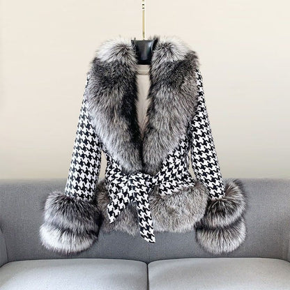 Fall Houndstooth Faux Fur Trim Coat