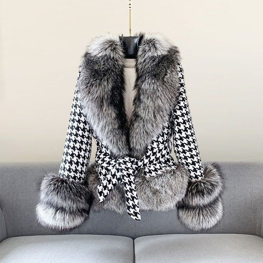 Fall Houndstooth Faux Fur Trim Coat
