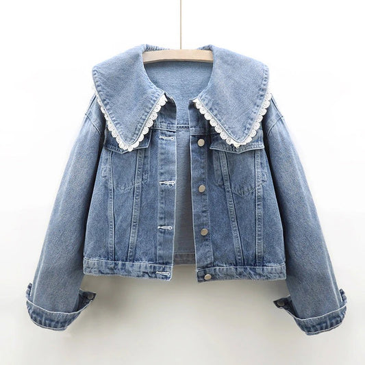 Fall Denim Jacket with Lace Collar