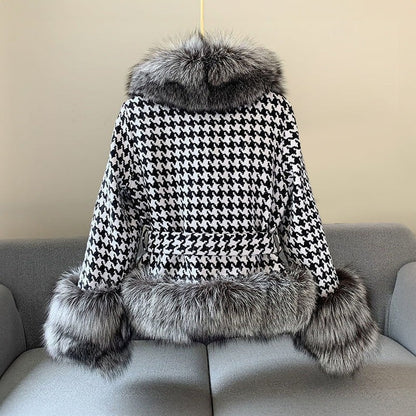 Fall Houndstooth Faux Fur Trim Coat
