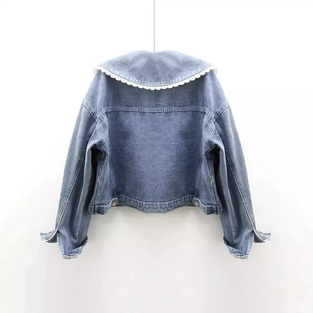 Fall Denim Jacket with Lace Collar