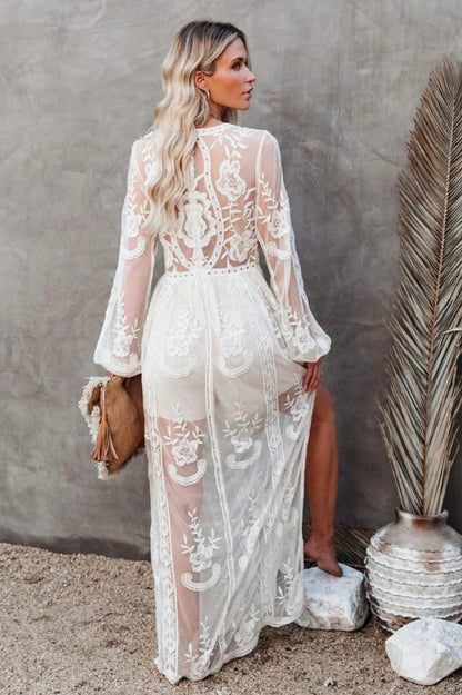 Lace Maxi Dress - Boho Style, Deep V Neck, High Slit