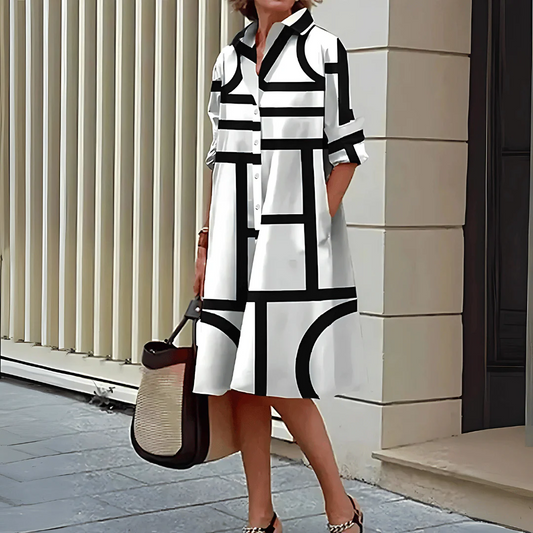 Women’s Geometric Print Dress - Button Front, Collared Design