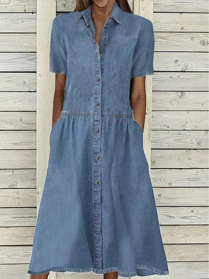 Denim Look Button-Front Dress - A-Line Empire Waist, Side Pockets