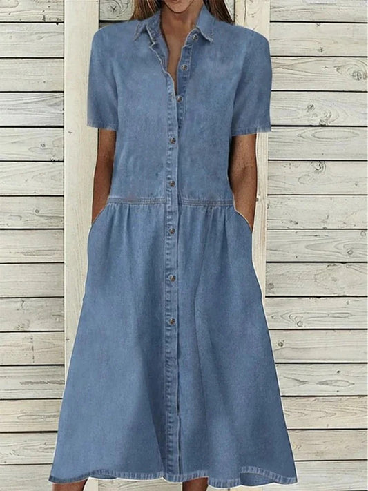 Denim Look Button-Front Dress - A-Line Empire Waist, Side Pockets