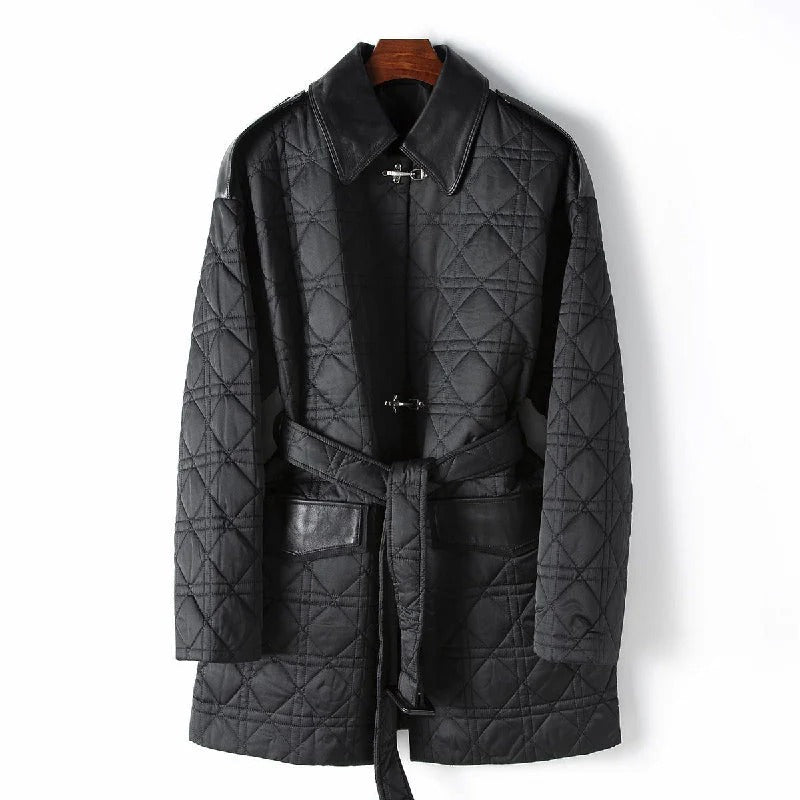 Fall Diamond-Stitch Belted Coat