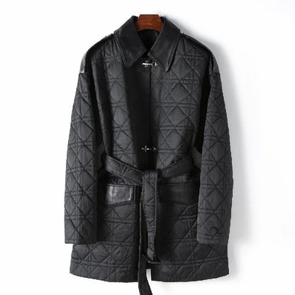 Fall Diamond-Stitch Belted Coat