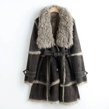 Fall Shearling Trim Belted Coat
