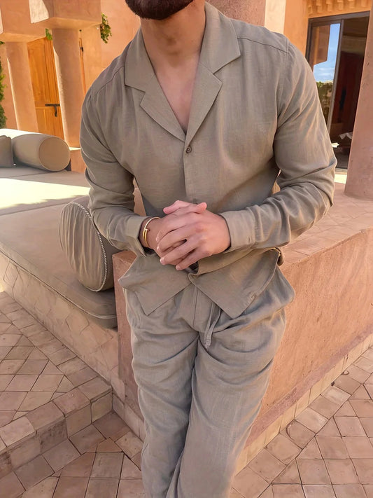 Men’s Two-Piece Outfit Set - Long Sleeve Lapel Collar Blazer Top, Elastic Waist Pants, Button Detail Casual Suit