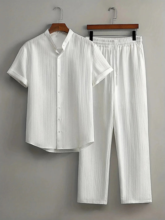 Men’s Casual Two-Piece Set - Short Sleeve Stand Collar Shirt, Pleated Striped Pants