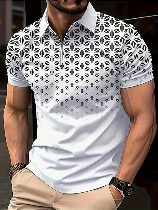 Men’s Geometric Pattern Zip-Neck Shirt - Short Sleeves