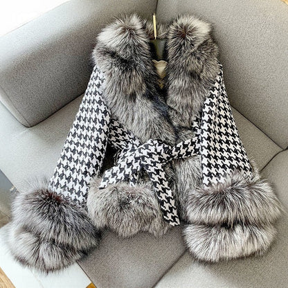 Fall Houndstooth Faux Fur Trim Coat