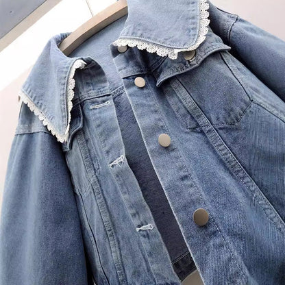 Fall Denim Jacket with Lace Collar