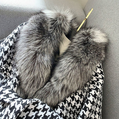 Fall Houndstooth Faux Fur Trim Coat