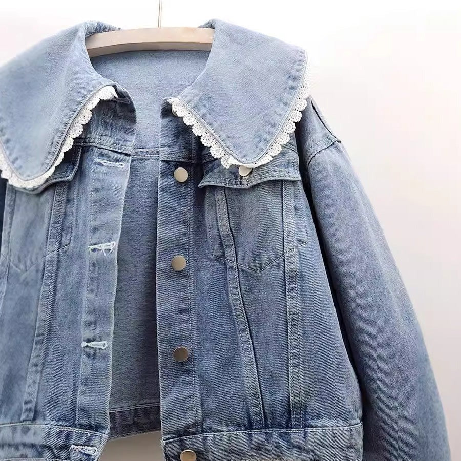 Fall Denim Jacket with Lace Collar