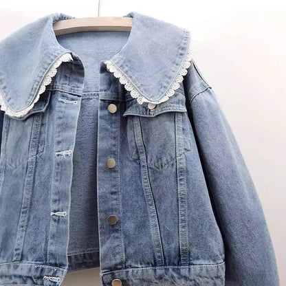 Fall Denim Jacket with Lace Collar